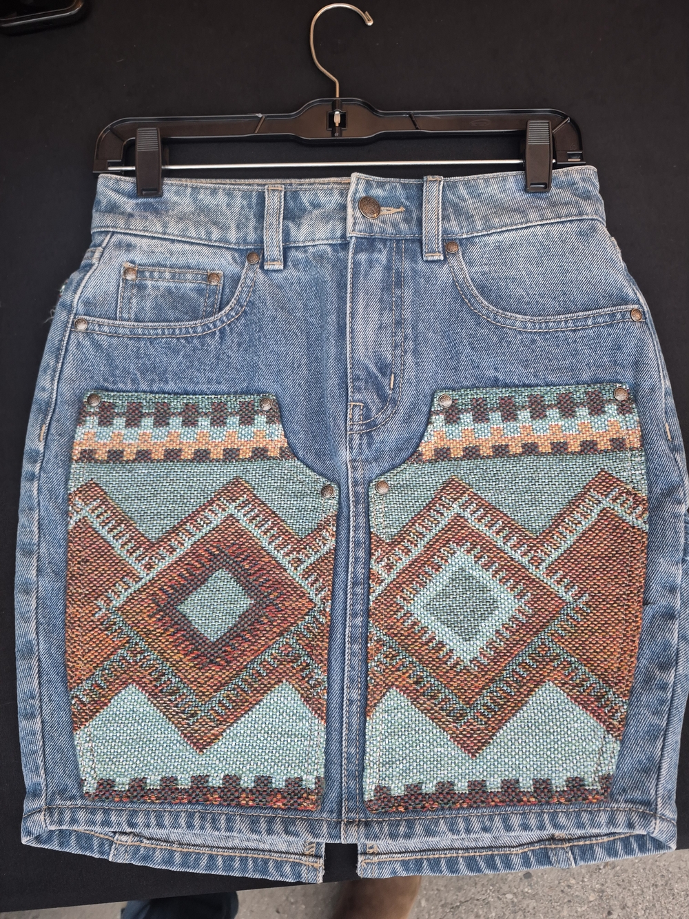 Boho Embroidered Denim Skirt in Aqua and Rust